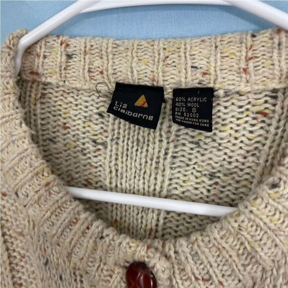 Vintage 90s LIZ CLAIBORNE Cardigan Women Cable Chunky Knit Wool Sweater Cream S - Picture 11 of 16